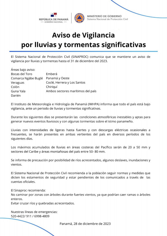 Aviso de Vigilancia por lluvias y tormentas significativas